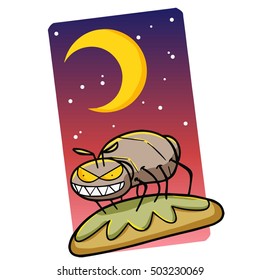 Colorful funny & creepy Halloween spider crawling under crescent moon.