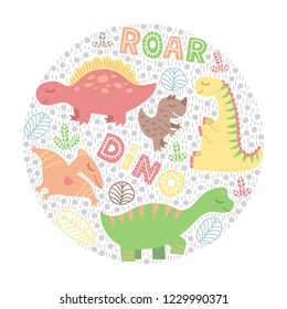 Colorful funny dino. Childish drawings in circle. Print for card, poster, t-shirt. Vector illustration