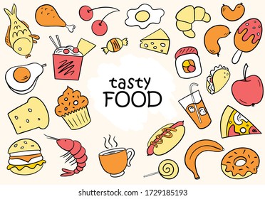 Colorful funny doodle cartoon background of tasty food with sushi, hotdog, banana, sausages, taco, cheese, bread, coffee, egg, croissant and others