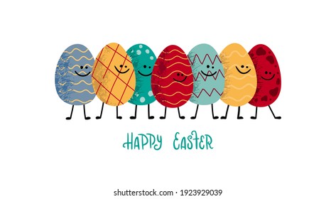 A lot of colorful funny easter eggs are character. Lettering Happy Easter. Can use for card, banner, web.