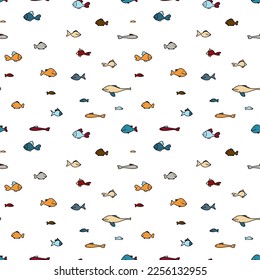 Colorful funny fish swimming in different directions. Cartoon style. Vector pattern on a transparent background.