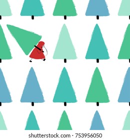 Colorful funny forest seamless pattern with Santa Claus and trees. Santa is stealing a Christmas tree. 