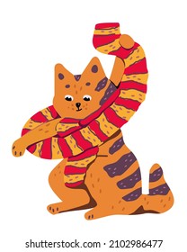 Colorful funny ginger cat with knitted scarf isolated on the white background. Cute cartoon domestic pet while fun playing activity. Vector illustration in trendy contemporary doodle flat style.