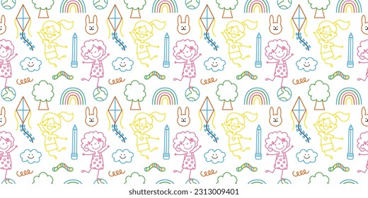 Colorful funny Girls, toys seamless pattern doodle style. Cute happy children repeating print. Childish background, texture for textile, fabric, wrapping. Flat graphic vector illustration