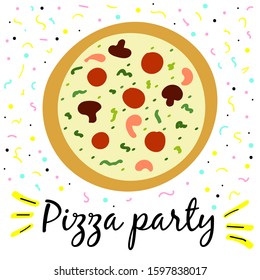 Colorful funny hand drawn tasty pizza greeting card with splatter. Vector