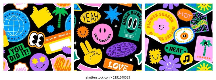 Colorful Funny Happy Face Label Seamless Pattern Set. Collection Of Trendy Retro Sticker Cartoon Backgrounds. Weird Comic Character Art, Quote Sign Wallpaper Bundle.