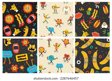 Colorful funny happy face label seamless pattern set. Collection of trendy retro sticker cartoon backgrounds. Weird comic character art wallpaper