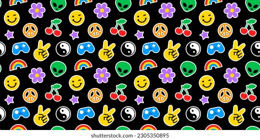 Colorful funny happy face label seamless pattern. Trendy 90s retro sticker cartoon background. Weird comic character texture print, repeatable Y2K wallpaper.