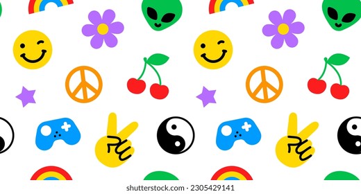 Colorful funny happy face label seamless pattern. Trendy 90s retro sticker cartoon background. Weird comic character texture print, repeatable Y2K wallpaper.