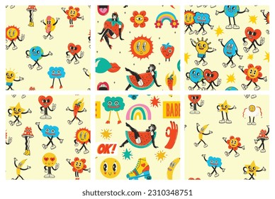 Colorful funny happy face label seamless pattern set. Collection of trendy retro sticker cartoon backgrounds. Weird comic character art wallpaper