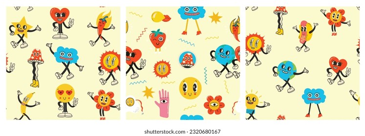 Colorful funny happy face label seamless pattern set. Collection of trendy retro sticker cartoon backgrounds. Weird comic character art wallpaper