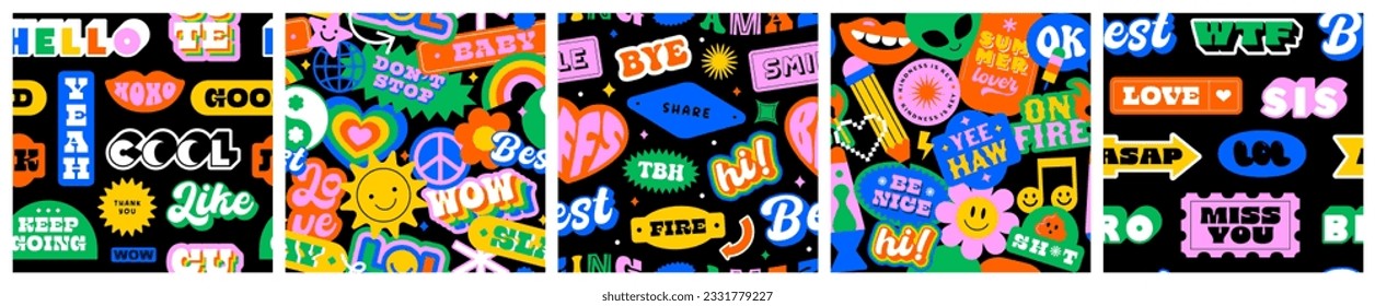 Colorful funny happy face label seamless pattern set. Collection of trendy retro sticker cartoon backgrounds. Weird comic character art, quote sign wallpaper bundle.