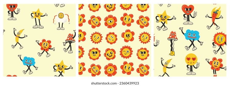 Colorful funny happy face label seamless pattern set. Collection of trendy retro sticker cartoon backgrounds. Weird comic character art wallpaper