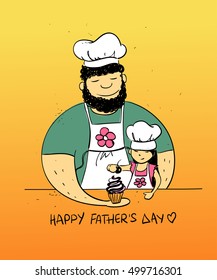 Colorful Funny Illustration With Cute Little Baby Girl Daughter And Her Dad Cooking Together. Happy Father's Day Greeting Card. Family Concept.