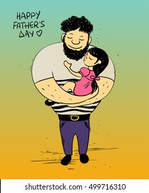 Colorful funny illustration with cute little baby girl daughter hugging dad. Happy Father's day greeting card. Family concept.