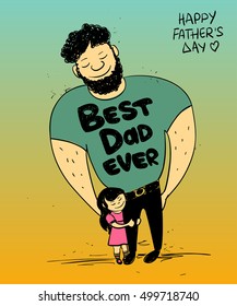 Colorful funny illustration with cute little baby girl daughter hugging dad. Happy Father's day greeting card. Family concept.