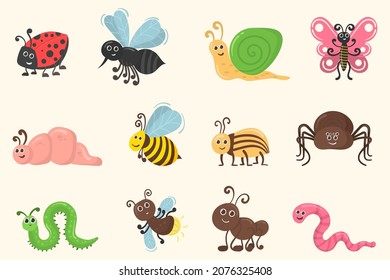 Colorful funny insect characters for childish kids collection. Cute bugs set. Cartoon beetle, bug worm funny doodle character in flat design. Bee and caterpillar insect, spider and butterfly. Vector.