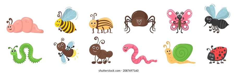 Colorful funny insect characters for childish kids collection. Cute bugs set. Cartoon beetle, bug worm funny doodle character in flat design. Bee and caterpillar insect, spider and butterfly. Vector.