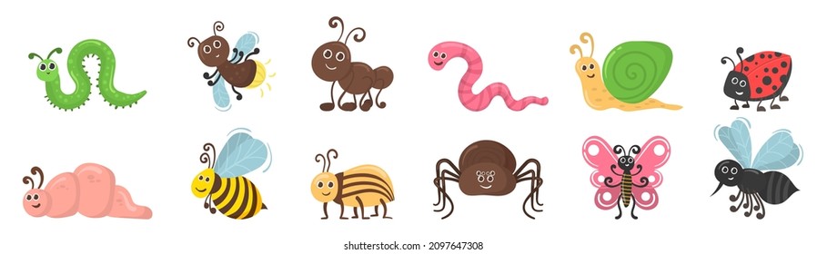 Colorful funny insect characters for childish kids collection. Cute bugs set. Cartoon beetle, bug worm funny doodle character in flat design. Bee and caterpillar insect, spider and butterfly. Vector.