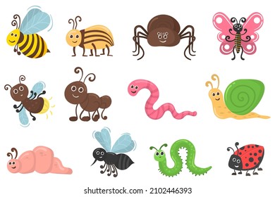 Coloridos personajes de insectos divertidos para la colección infantil. Un juego de errores. Escarabajo de dibujos animados, gusano de insectos, personaje de doodle divertido en diseño plano. Insectos de abeja y oruga, araña y mariposa. Vector.