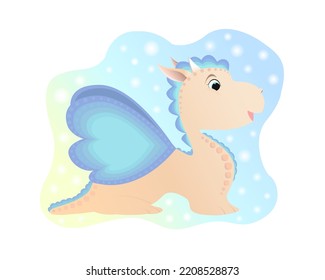 Colorful funny little dragon with wings on a colorful background with bubbles.