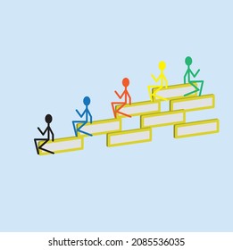 Colorful Funny Little Men, Pictogram, Sitting On A Yellow Brick Wall, Isolated On A White Background