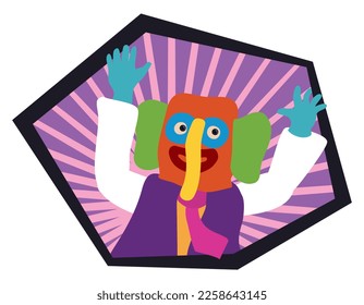 Colorful and funny Marimonda character from Barranquilla's Carnival with raised hands, inside a sign with bold and irregular border.