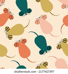 Colorful funny mice with striped ears hand drawn vector illustration. Cute  mouse animal in flat style seamless pattern for children fabric or wallpaper.