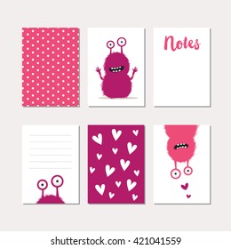 Colorful funny monster cards set, vector illustration.