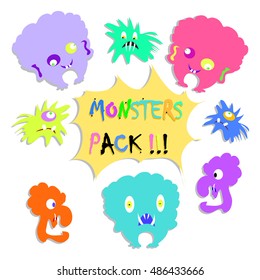 Colorful  funny  monsters stickers set isolated