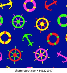 Colorful funny nautical elements in a seamless pattern suitable for kids print anchor ships wheel life ring