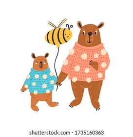 Colorful funny parent and child bear in sweater vector flat illustration. Cute wild animal standing with bee air balloon isolated on white background. Pretty creatures family