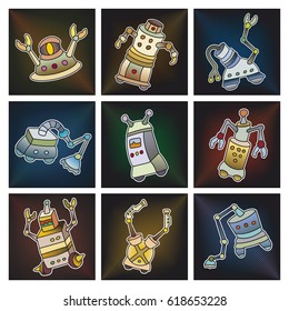 Colorful and funny robots on gradient backgrounds