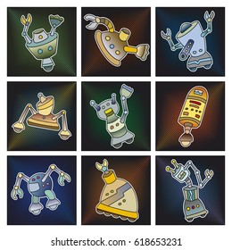 Colorful and funny robots on gradient backgrounds