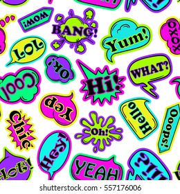 Colorful funny seamless pattern of cartoon speech bubbles and stickers on a white background. Talk bubbles with expressions inside.