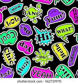 Colorful funny seamless pattern of cartoon speech bubbles and stickers on a black background. Talk bubbles with expressions inside.
