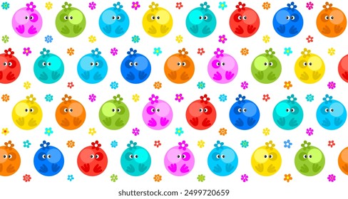 
Colorful funny seamless pattern with contemporary characters with face emotions for wrapping paper, flyer, poster, cover design, sticker, fabric, textile and toys. Christmas childish illustration
