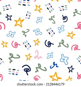 Colorful funny seamless pattern with different cute organic shape in doodles hand drawn style. Modern trendy design Illustration with flat shape, curve, arrow for print, background, wallpaper, card