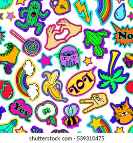 Colorful funny seamless pattern of fashion stickers, emoji, pins or patches in cartoon 80s-90s comic style. 