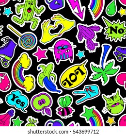 Colorful funny seamless pattern of fashion stickers, emoji, pins or patches in cartoon 80s-90s comic style. 