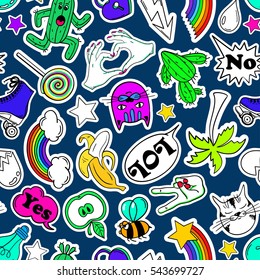 Colorful funny seamless pattern of fashion stickers, emoji, pins or patches in cartoon 80s-90s comic style. 