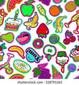 Colorful funny seamless pattern of fruits and sweets stickers, emoji, pins or patches in cartoon 80s-90s comic style. 