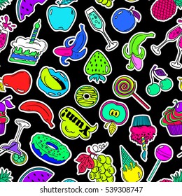 Colorful funny seamless pattern of fruits and sweets stickers, emoji, pins or patches in cartoon 80s-90s comic style. 