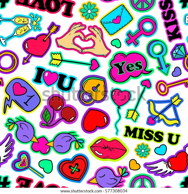 Colorful Funny Seamless Pattern Love Stickers Stock Vektorgrafik Lizenzfrei