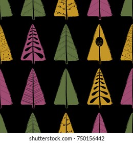 Colorful funny seamless pattern with ornamental trees. Hand drawn grunge brush forest background. 