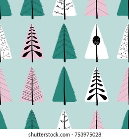 Colorful funny seamless pattern with ornamental trees. Hand drawn grunge brush winter forest background. 