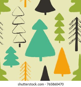 Colorful funny seamless pattern with trees. Hand drawn grunge brush forest background. 