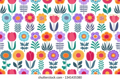 Colorful funny seamless vector pattern with flowers on white background.