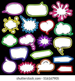 Colorful funny set of cartoon empty speech bubbles and stickers isolated on a white background. 