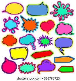Colorful funny set of cartoon empty speech bubbles and stickers isolated on a white background. 
